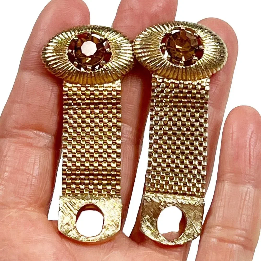 Vintage Orange Rhinestone Wraparound Mesh Cuff Links Gold Tone